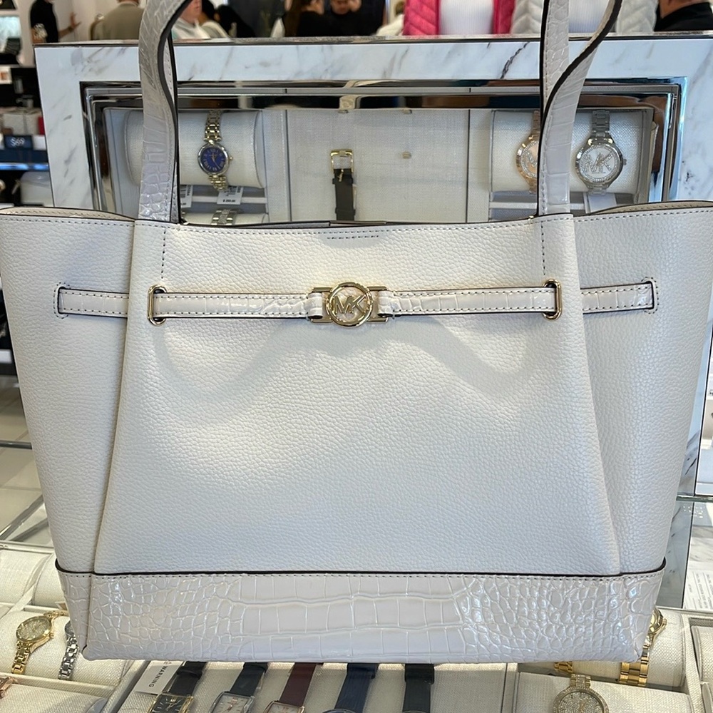 MICHAEL KORS Reed Lg Leather Belted Satchel Shoulder Handbag 
Crocodile Lt Cream